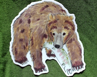 Brown Grizzly Bear with Salmon 4" Vinyl Sticker