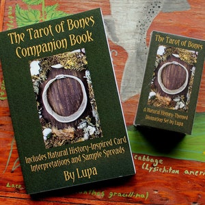 May include: A green book titled "The Tarot of Bones Companion Book" by Lupa. The book includes natural history-inspired card interpretations and sample spreads. A small box of tarot cards is also shown, titled "The Tarot of Bones: A Natural History-Themed Divination Set by Lupa".