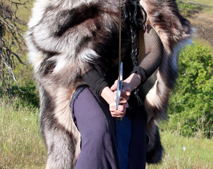 RESERVED for Efwolfcub Real Silver and Black Wolf Fur Cape Cloak for