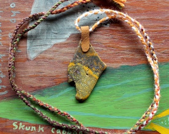 Tumbled agate and leather necklace with hand-braided yarn cord - simple nature jewelry