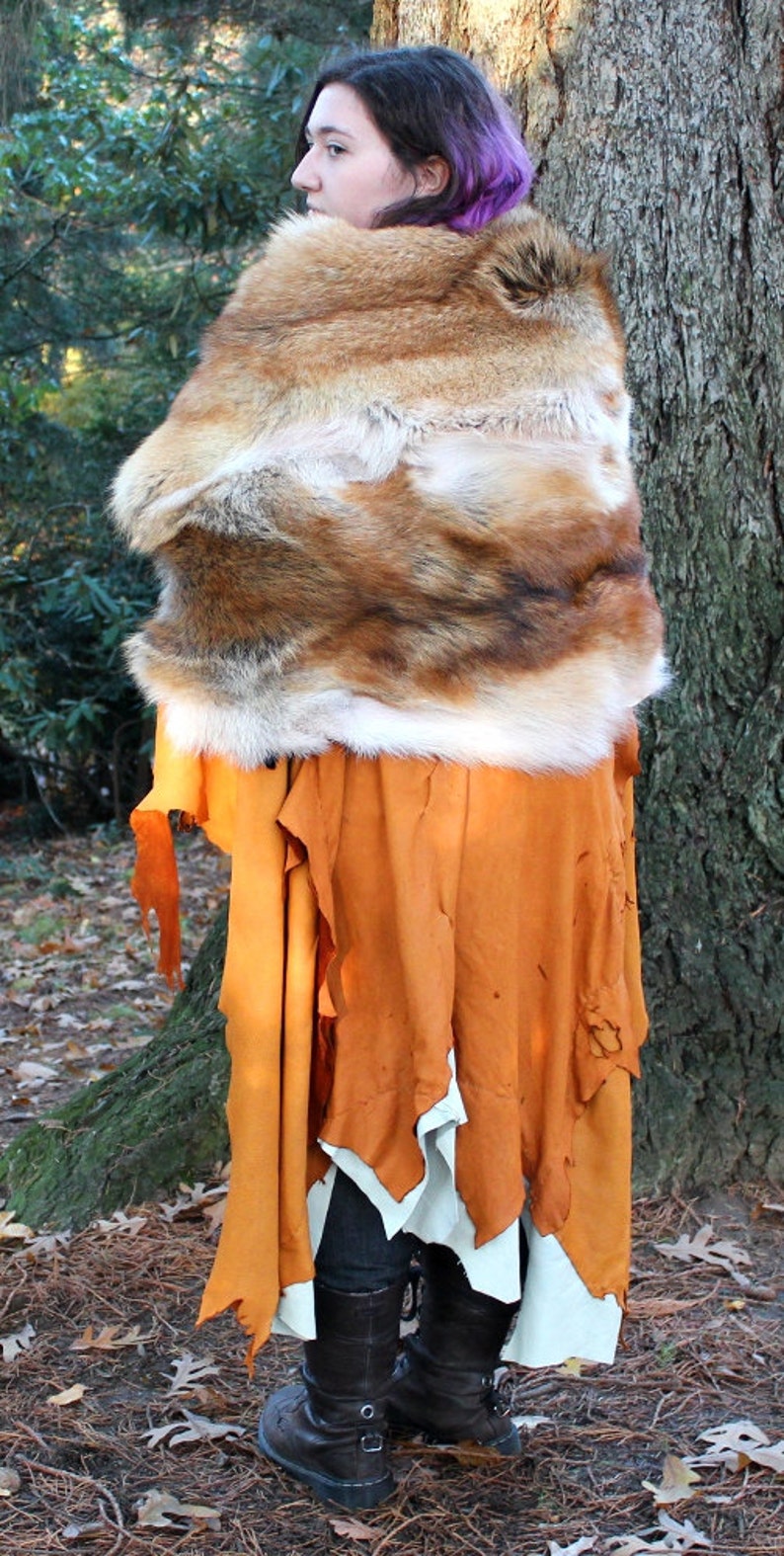 Red coyote fur and deerskin leather cape cloak hand sewn Etsy