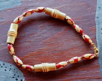 Reclaimed bamboo, metal and wood bead bracelet in red, brown and yellow - simple nature jewelry for costumes, holidays, more
