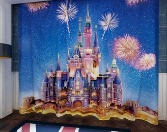 Castle Firework Night Sky Window Curtain Fantasy Theme Disney Castle Fireworks Night Starlight Shiny Background CUR-0384