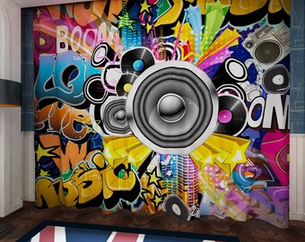 Graffiti Music Boom Microphone Window Curtain Graffiti Theme Boom WOW Music Horn Record Background CUR-0409