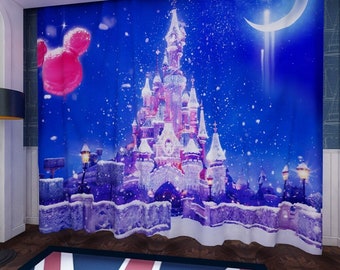 Snow House Balloon Window Curtain Edifices Theme Winter Disney Castle Balloon Snow Moon Street Lamp Background CUR-0169