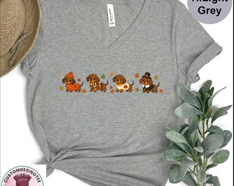 Bella Canvas Thanksgiving Dog Lover Vneck Shirt, Cute Wiener Dog Thanksgiving VNeck Tee