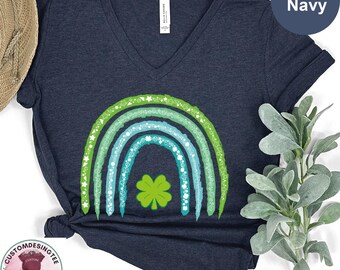 Shamrock Rainbow St Patrick's Day V-Neck Shirt, Cute St Paddys T-Shirt, Funny Irish V Neck Shirt, Clover Leopard  Patrick's Lucky VNeck Tee