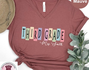 Custom Third Grade Teacher V-Neck Shirt: Elementary School Teaching