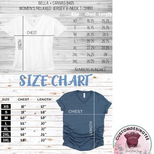 The image is a size chart for a women's relaxed jersey v-neck t-shirt. It includes measurements for chest length, chest width, and sleeve length, along with corresponding numbers in inches. The chart is designed to help customers determine the appropriate size for their desired t-shirt.