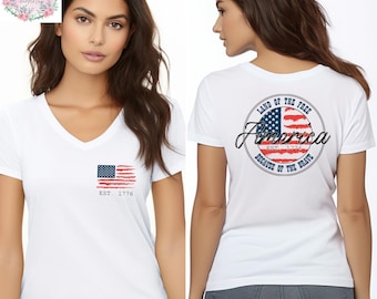 Retro American Flag VNeck Shirt, 4th of July Shirt, Star American Graphic Tee, Red White and Blue Vneck Shirt, Independence Day Vneck Tee