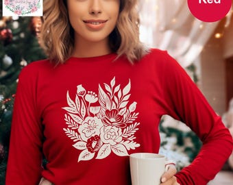 Vintage Floral Long Sleeve Shirt, Botanical Line Art Tee, Minimalist Flower Long Sleeve Shirt, Floral Bouquet Longsleeve T-Shirt