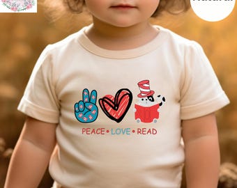 Peace Love Read Baby Bodysuit, Book Lover Baby Shirt, Cat Hat Inspired Reading Youth Shirt, Librarian Toddler Shirt