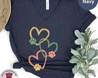 Pet Love Heart Art Vneck Shirt, Dog & Cat Paw Heart VNeck TShirt