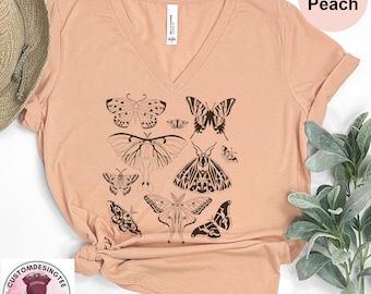 Vintage Butterfly V-Neck Shirt, Butterfly Lover Vneck Tee,Cottagecore Shirt, Aesthetic Tshirt, Moth Shirt, Cottagecore Aesthetic VNeck Shirt