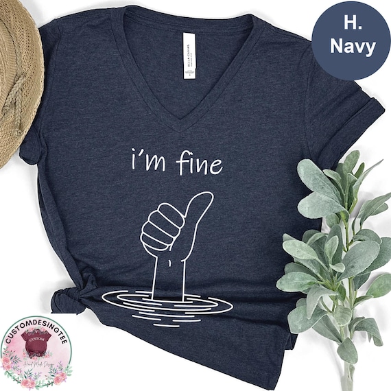 I’m Fine Funny Spring Vneck Shirt, Sarcastic Humor VNeck Tee, Minimalist Line Art Thumb Up V-Neck Tee