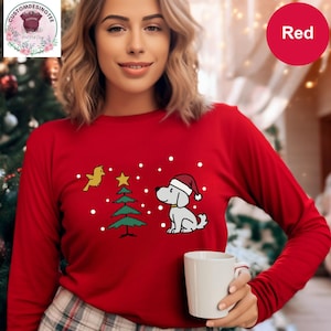 Cartoon Santa Hat Dog Christmas Long Sleeve Shirt, Retro Holiday Tree and Snowy Winter Scene Longsleeve Tee