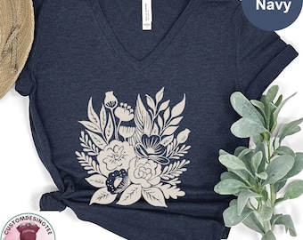 Vintage Floral Vneck Shirt, Botanical Line Art V-Neck Tee, Minimalist Flower V Neck T-Shirt, Floral Bouquet VNeck T-Shirt