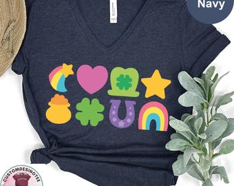 Lucky St Patricks Day V-Neck Shirt, St Patrick's Day Vneck Shirt, Rainbow Shirt,Lucky Charm Shirt Irish Day Shirt,Happy Shamrock VNeck Shirt