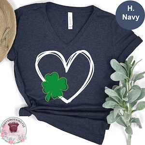 Hand Drawn Clover Heart V-Neck Shirt, Shamrock Heart Vneck Shirt, St Patrick's Day Heart V Neck Shirt, St Patrick Day Family VNeck Shirt