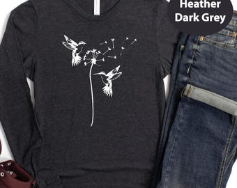 Dandelion Long Sleeve for Women, Dandelion with Flying Birds Long Sleeve, Flowers in Nature Tee, Flower Tee, Birds Long Sleeve Long Sleeve