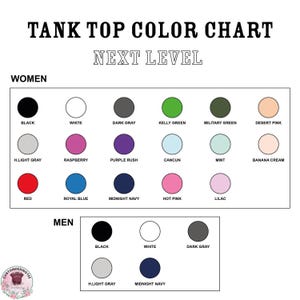 The image is a color chart for tank tops, divided into two sections for men and women. The chart lists various color options for tank tops, including black, white, dark gray, green, military green, desert pink, raspberry, purple rush, cancun, mint, banana cream, red, royal blue, midnight navy, hot pink, and lilac.