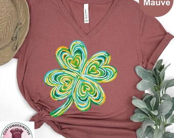 St Patrick's Four Leaf Clover V-Neck Shirt,Vintage St Patrick's Day  Shamrock Shirt,Gift For St Patricks,Watercolor St Patrick V Neck Tshirt