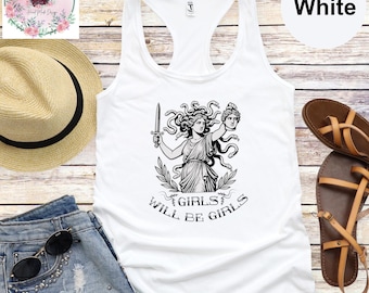Vintage Medusa Goddess Tank Top, Feminist Power Tank Top, Girls Will Be Girls Tank Top