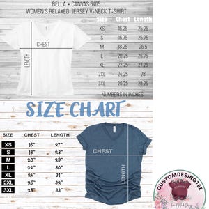The image is a size chart for a women's relaxed jersey v-neck t-shirt. It includes measurements for chest length, chest width, and sleeve length, along with corresponding numbers in inches. The chart is designed to help customers determine the appropriate size for their desired t-shirt.