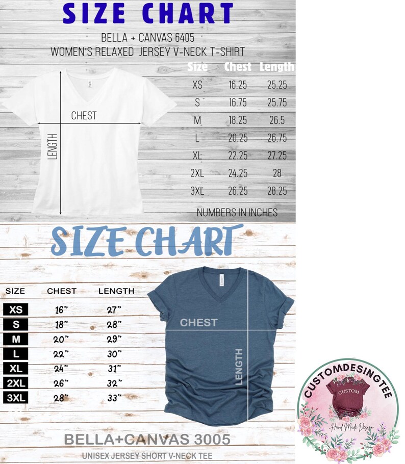 The image is a size chart for a women's relaxed jersey v-neck t-shirt. It includes measurements for chest length, chest width, and sleeve length, along with corresponding numbers in inches. The chart is designed to help customers determine the appropriate size for their desired t-shirt.