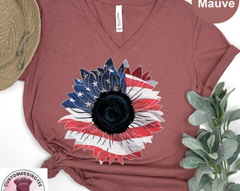 4th of July Sunflower Vneck Shirt, Independence Day Shirts,Republican Shirt,Fourth Of July Shirt,Patriotic Family Shirts,Freedom Vneck Shirt