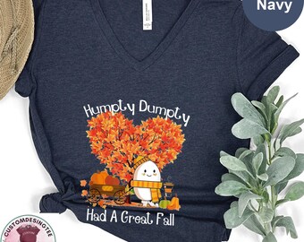 Cute Hallowen Ghost V-Neck Tshirt , Humpty Dumpty Had A Great Fall Hallowen Vneck Shirt, Cute Fall V Neck Shirt, Spooky Season V neck Tshirt