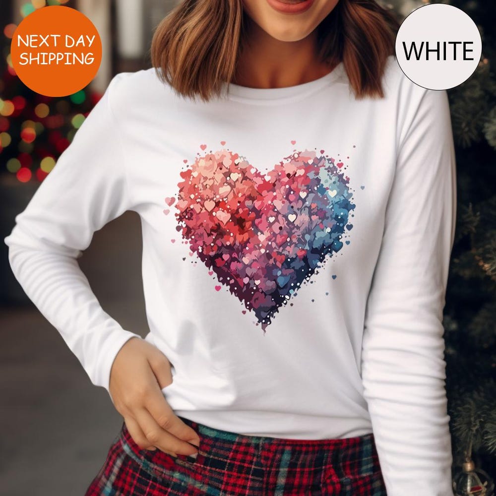 Valentine’S Day Heartlong Sleeve,Cute Valentines Day Long Sleeve,Hearts Layered Long Sleeve,Watercolor Heart Tee,Colorful Hearts Long Sleeve Amitytees