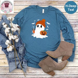 Сute Little Ghost Iced Coffee Long Sleeve, Boo Ghost Shirt, Ghost Coffee Longsleeve, Spooky Season Long Sleeve, Womens Halloween Long Sleeve