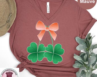 Clover Bow V-Neck Shirt, St Patrick Day Shamrock Bow Vneck T-Shirt, Lucky Clover Tee, Trendy Happy Irish Shirt, Green Clover V Neck Shirt