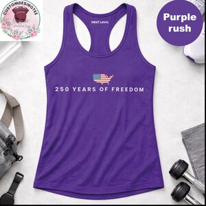 Purple tank top with "250 YEARS OF FREEDOM" printed on it, along with an American flag design.
