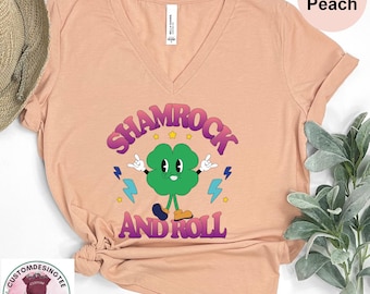 Shamrocks and Roll St. Patrick's Day V-Neck T-Shirt, Saint Patricks Day Tee,Womens Saint Patricks Day VNeck Shirt, Irish Clover V Neck Shirt