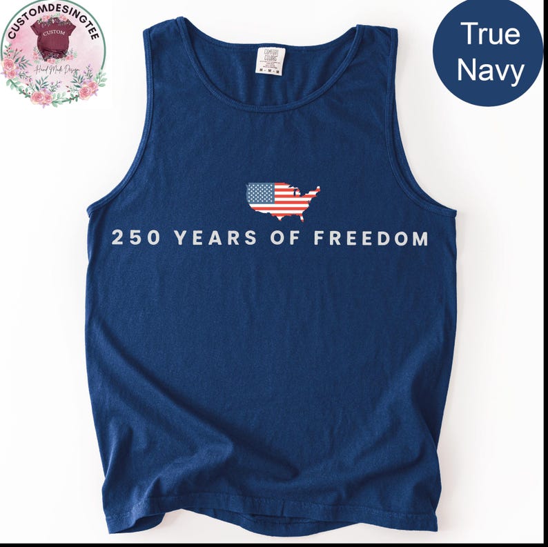 A navy blue tank top with the text "250 YEARS OF FREEDOM" printed on it, along with an American flag design.