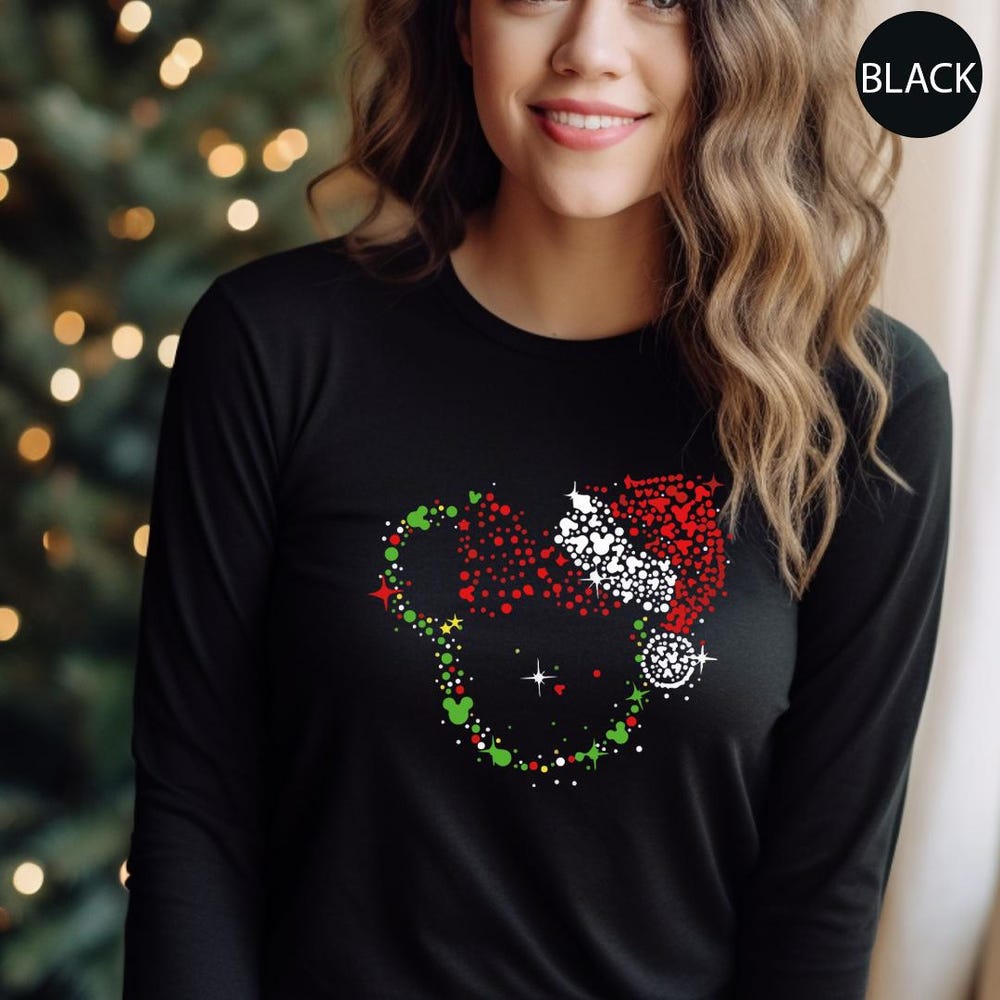Minnie Christmas Long Sleeve, Disney Christmas Family Party Longsleeve,Glitter-Effect Print (Not Real Glitter),Minnie Santa Xmas Long Sleeve Teeplaza Design