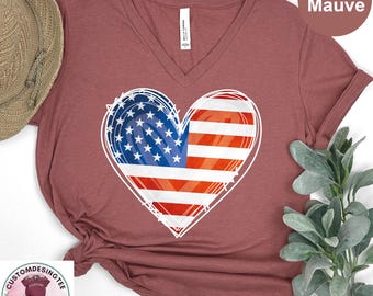 USA Flag Heart Vneck Shirt, Patriotic Shirt, American Shirt, 4th of July Shirt, Women's American Flag Shirt,Independence Day USA Vneck Shirt