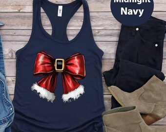 Santa Bow Tank Top, Christmas T-Shirt, Merry Christmas Shirts ,Retro Christmas Sweatshirt, Noel Santa Bow Tee, Merry Christmas Shirts