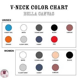 The image is a color chart for V-neck canvas, displaying various color options for both men and women.