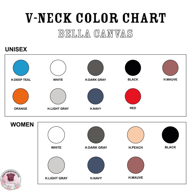 The image is a color chart for V-neck canvas, displaying various color options for both men and women.