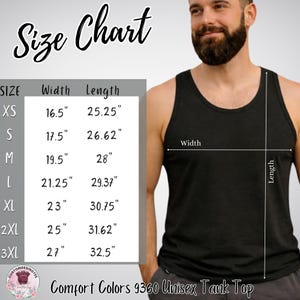The image is a size chart for a black tank top, showing the measurements for different sizes.