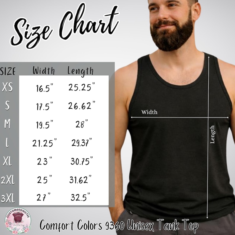 The image is a size chart for a black tank top, showing the measurements for different sizes.