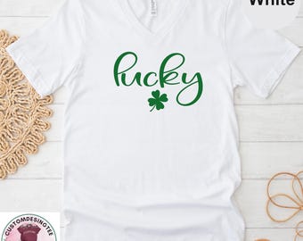 St Patricks Day Lucky V-Neck Shirt, Cute St Patricks Four Leaf Clover Tee, Shamrock VNeck Shirt,Irish Vneck Shirt,Simple Holiday VNeck Shirt