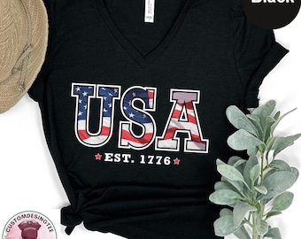 USA Est.1776 VNeck Shirt, 4th of July America Shirt, Freedom Shirt, USA Flag Tee, Independence Day USA T-Shirt, Red White Blue Vneck Shirt