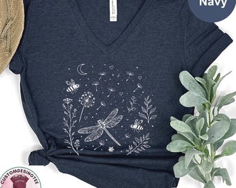 Bella Canvas Dragonfly Nature VNeck Shirt, Dandelion Flower Lover Tee, Wildflowers Gardening Vneck T-Shirt