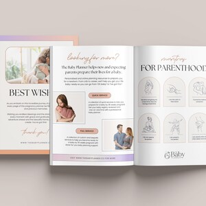 May include: A pink and orange gradient background with a white page open to a book. The book is titled "The Baby Planner" and has a section titled "Mantras for Parenthood" with illustrations of parents holding babies. The text "Best Wishes" is on the left page with a photo of a mother holding a baby.