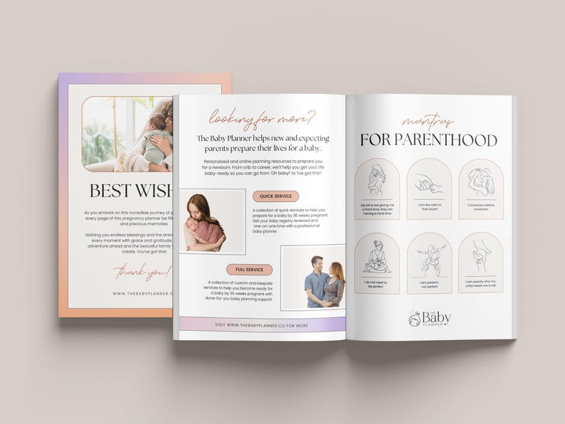 May include: A pink and orange gradient background with a white page open to a book. The book is titled "The Baby Planner" and has a section titled "Mantras for Parenthood" with illustrations of parents holding babies. The text "Best Wishes" is on the left page with a photo of a mother holding a baby.