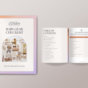 May include: A pink and orange checklist booklet with the title "Baby Gear Checklist" and a table of contents. The cover features a collage of baby items in a light brown and white color scheme.